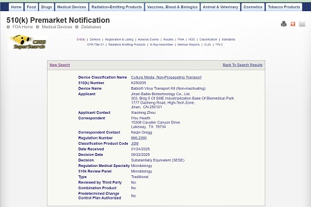 BABIO sikrer amerikansk FDA 510(k) godkendelse for sit virustransportsæt (ikke-inaktiverende)